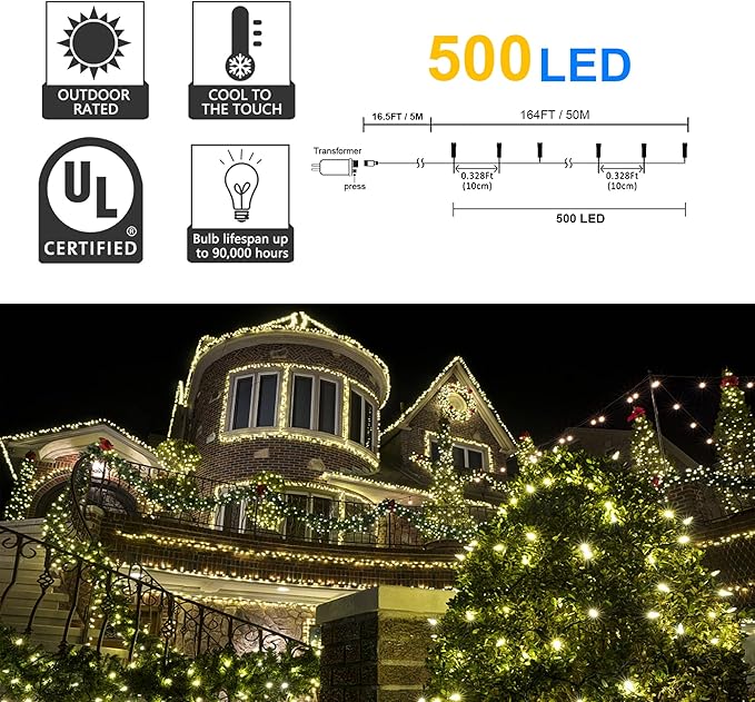 weillsnow 164Ft 500 LED Christmas Lights, Waterproof 8 Twinkle with Memory Functions Christmas Tree Lights for Indoor Outdoor Christmas Tree Garden Decoration (Warm White)-VerdiqueGarden