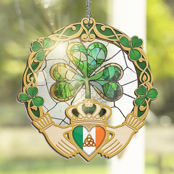 Irish Gifts, Shamrock Decorations - St Patricks Day Decor, Birthday, Christmas, Good Luck, Irish Gifts for Women Men, Claddagh, Celtic Home Decor - Window Suncatcher Hanging Decorations 12 in-VerdiqueGarden