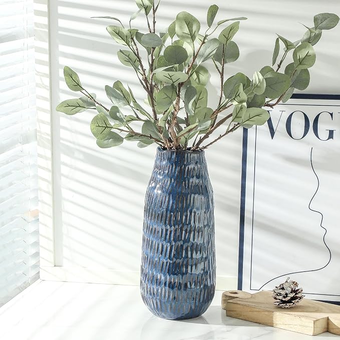 Blue Ceramic Vase for Home Decor, 12.6 Inch Tall Flower Vase with Modern Textured Finish,Decorative Floor Vase for Pampas Grass, Entryway, Living Room, Dining Table, Farmhouse or Office-VerdiqueGarden
