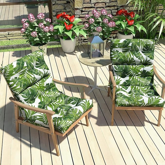 LVTXIII Outdoor Seat/Back Chair Cushion Patio Tufted High Back Cushion, Seasonal Replacement Rocking Chair Cushion with Ties (22” W x 20D”, Set of 2, Palm Green)-VerdiqueGarden