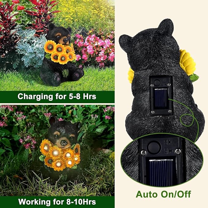 ILLUMINEW Solar Garden Lights Outdoor Statues Black Bear with Sunflowers, Sculpture Decor Mother Gifts for Women, Men or Daughter, Unique Garden Statues for Housewarming Gifts-VerdiqueGarden