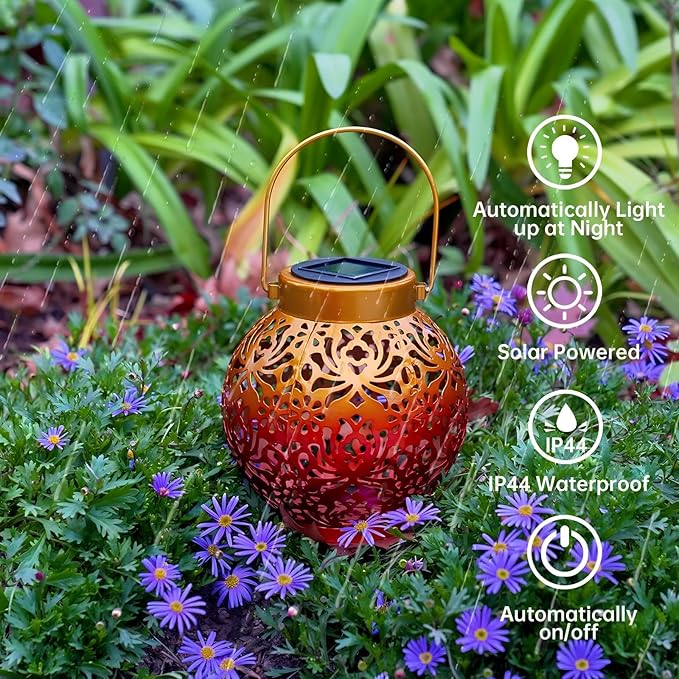 2 Pack Outdoor Solar Hanging Lantern Lights Metal LED Decorative Lamp for Garden Patio Courtyard Lawn and Table with Hollowed-Out Design (Sunset Blaze)-VerdiqueGarden