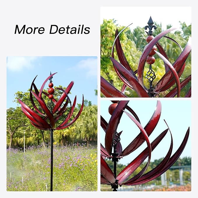Yard Garden Wind Spinners - Large Outdoor Metal Wind Spinners Sculptures, Lawn Yard Art Garden Decor (Burgundy Lotus)-VerdiqueGarden