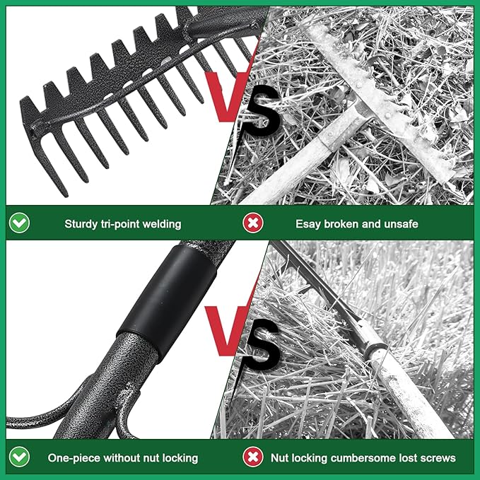 77'' Bow Rake ，17 Tines Metal Head Rakes with Stainless Steel Handle，Heavy Duty Garden Rake for Loosening Soil Gathering Leaf Leveling Lawn Farming Land Management Yarn Thatch Rake-VerdiqueGarden