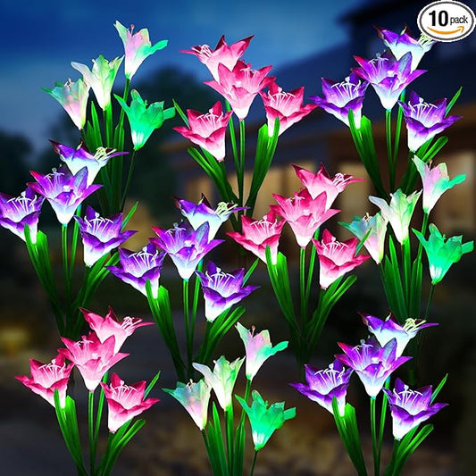 KOOPER Outdoor Solar Lights, 10 Pack Solar Garden Lights with Bigger Lily Flowers, Waterproof 7 Color Changing Solar Lights Outdoor - Bigger Solar Panel for Outdoor Patio Yard Garden Decoration-VerdiqueGarden