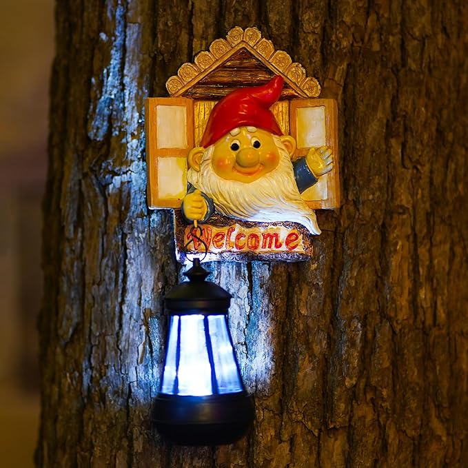 Gnome Tree Hugger with Solar Lantern - 10.6 Inch Resin Gnome Statue for Outdoor Garden Decor, Ideal Gnome Gifts and Gnome Statue Outdoor for Gnome Lovers-VerdiqueGarden