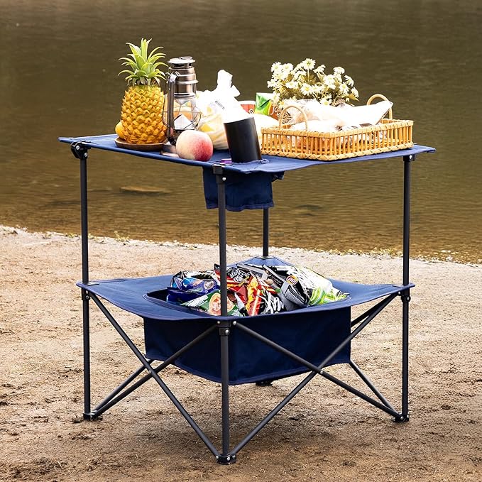 Folding Camping Table, Portable Outdoor Picnic Table, Rectangular Lightweight Camp Table with Storage, Cup Holder and Carry Bag for Barbeque Beach Camping and Tailgate-VerdiqueGarden