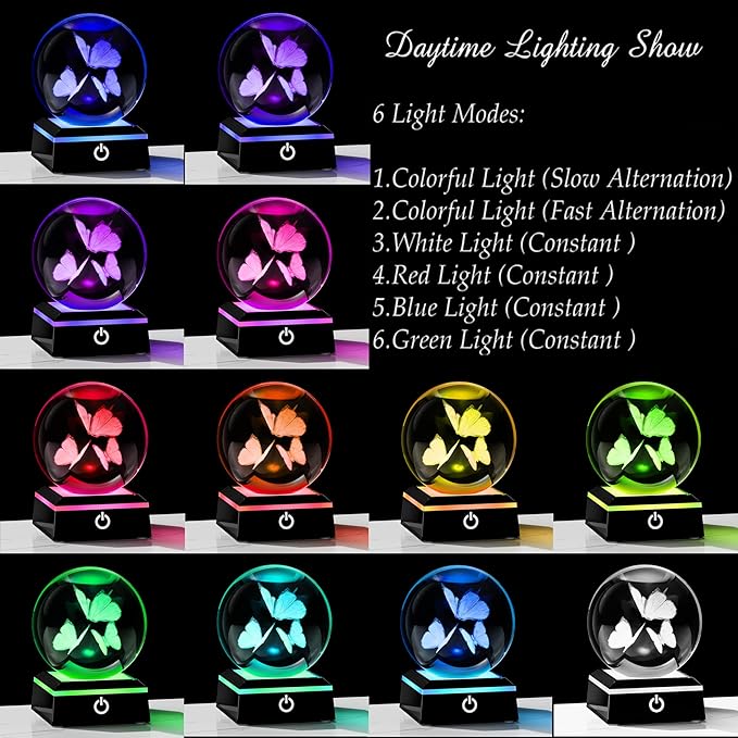 Qianwei Butterfly Gifts for Women 3D Crystal Ball 3.14'' - 80mm Laser Decor Glass Animals Figurines Statue for Room Decorations Night Light-VerdiqueGarden