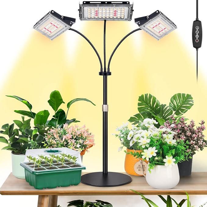 LBW Plant Grow Light, Full Spectrum Tri-Head Desk Plant Light for Indoor Plants, Growing Lamp with 3H/6H/12H Timer, 6-Level Brightness, 3 Lighting Modes, Height Adjustable, Ideal for Indoor Growth-VerdiqueGarden
