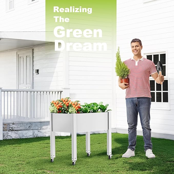 Horticulture Raised Garden Bed with Legs, Divisible Raised Resin Planter Box for Backyard, Patio, Balcony, with 4 Legs & 4 Swivel Lockable Wheels(Ashen,30.04 * 17.72 * 28.9)-VerdiqueGarden