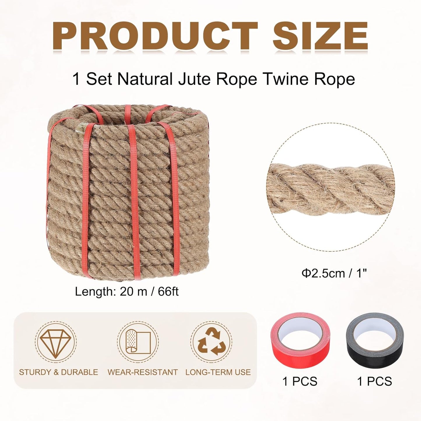 MECCANIXITY Jute Rope 1 Inch x 66ft, Thick Twine Rope Ropes Braided Jute Twine Natural Brown Burlap Cord String Heavy Twisted with Tapes for Decorative Crafts Railing Swing Tug of War-VerdiqueGarden
