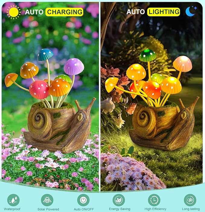 Solar Lights Outdoor Garden Statue,Cute Snails Figurines with Mushroom LED Solar Lights Fairy Garden Accessories,Birthday Gifts for Women Mom Gardening for Patio,Yard Art,Lawn Ornament,Porch,Backyard-VerdiqueGarden