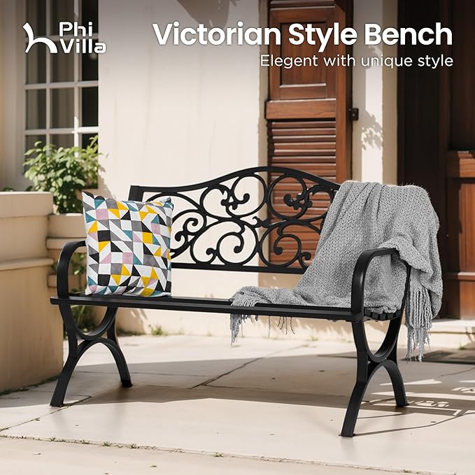 PHI VILLA 50-Inch Cast Iron Steel Frame Garden Bench Outdoor Patio Bench Chair w/Floral Design Backrest, Slatted Seat for Park, Yard & Porch, Black-VerdiqueGarden