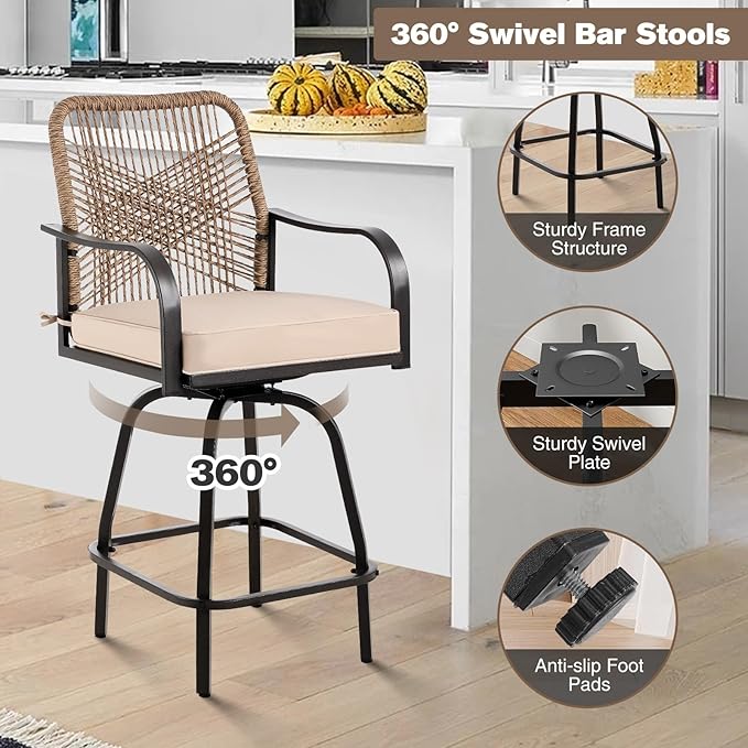 Outdoor Bar Stools Set of 2, Patio Swivel Counter Height Rattan Bar Stools, Patio Wicker Bar Swivel Chairs with Cushion, Outdoor Pool Bar Chairs for Backyard Garden Balcony w /360 Rotation-VerdiqueGarden