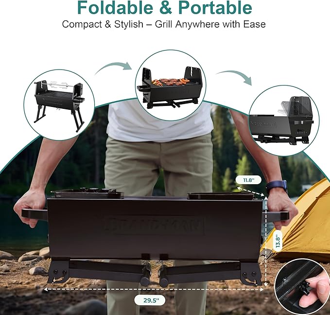Brand‑Man 2‑in‑1 Charcoal BBQ Grill with Motorized Rotisserie – Portable, Foldable Grill, 257 sq in Outdoor BBQ Grill for Camping & Tailgate, Adjustable Height, Dual Vents-VerdiqueGarden
