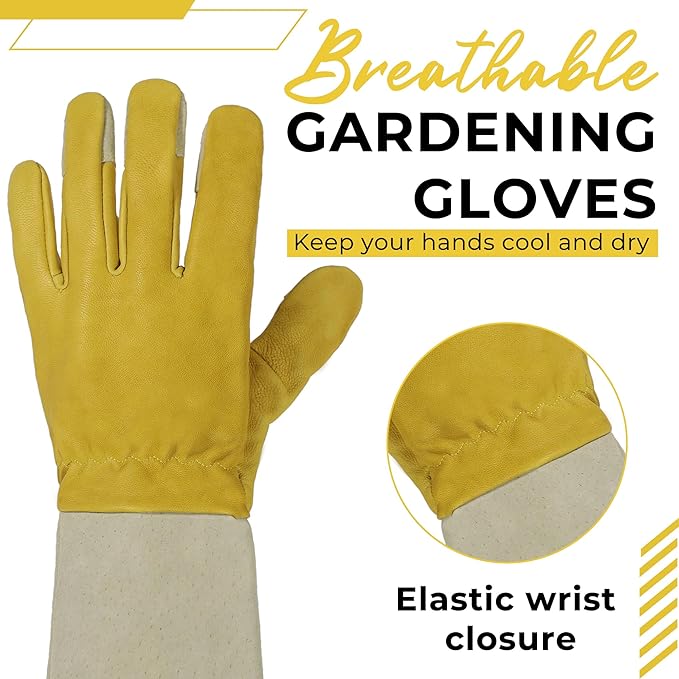 HANDLANDY Rose Pruning Gardening Gloves for Men Women, Thorn Proof Forearm Protection Leather Garden Gloves, Gardening Gifts for Gardeners (Yellow- goatskin, Small (Pack of 1))-VerdiqueGarden