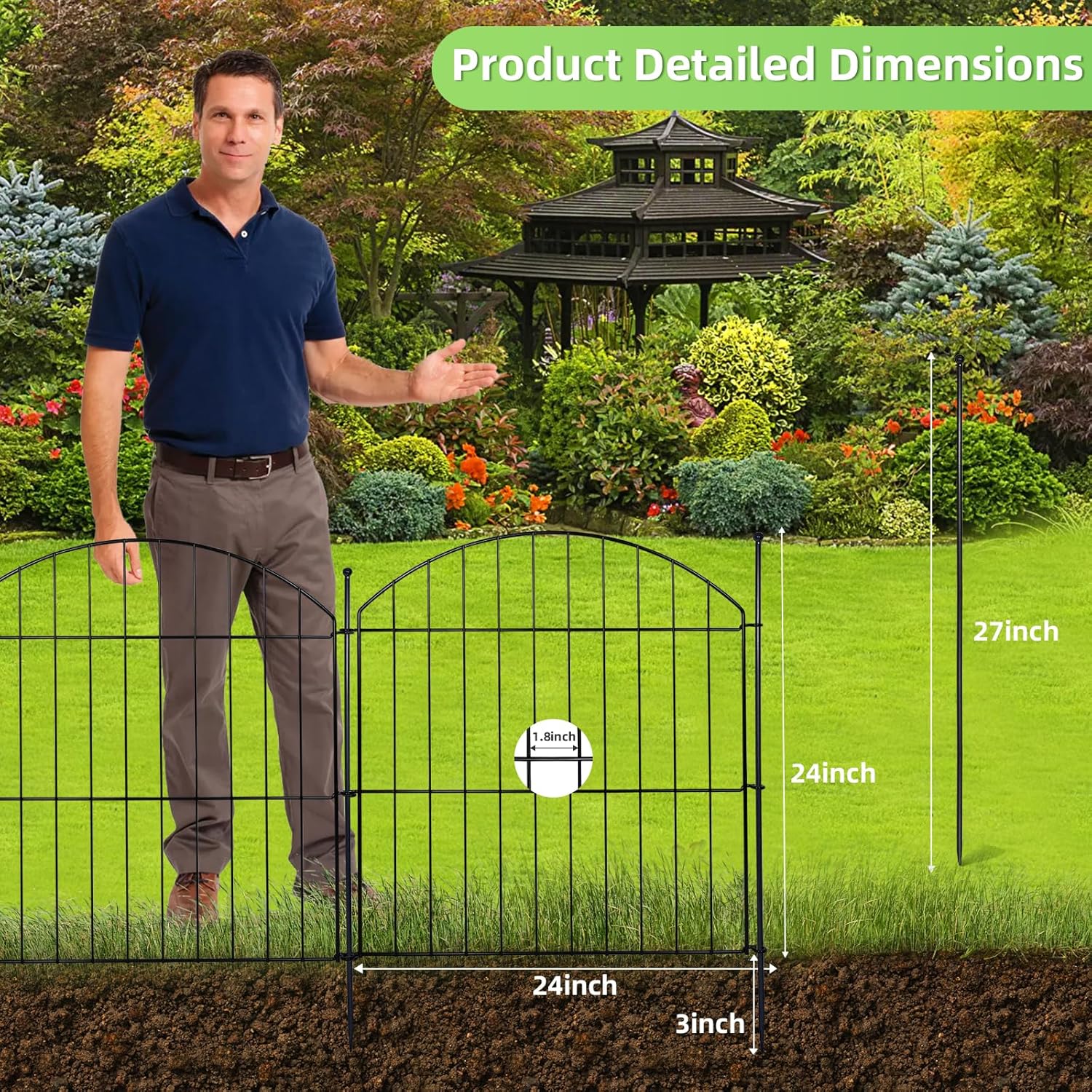 Decorative Garden Fence 24in (H) x20ft (L), 10 Pack No Dig Fence Animal Barrier for Dog, Arched Flower Bed Edging, Wire Border Panel Fencing for Yard Patio Outdoor Decor-VerdiqueGarden