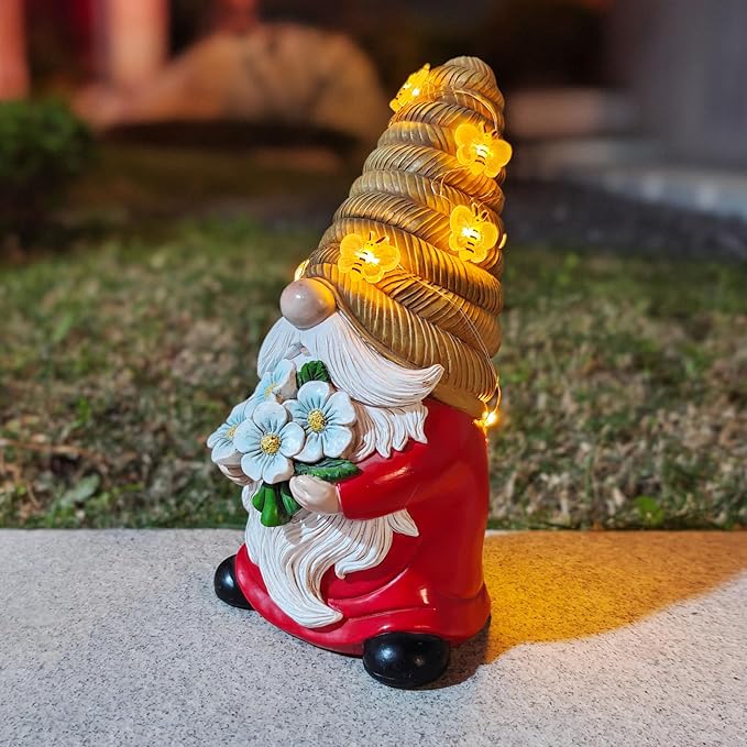 Outdoor Garden Gnomes Statue, Bee Flower Gnome Sculpture, with Solar LED Lights for Yard, Patio, Lawn Ornaments for Garden, Patio Gnome Gifts for Mom-VerdiqueGarden