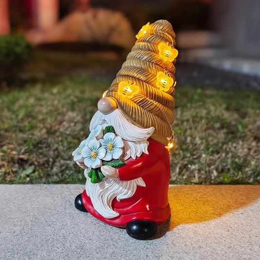 Outdoor Garden Gnomes Statue, Bee Flower Gnome Sculpture, with Solar LED Lights for Yard, Patio, Lawn Ornaments for Garden, Patio Gnome Gifts for Mom-VerdiqueGarden