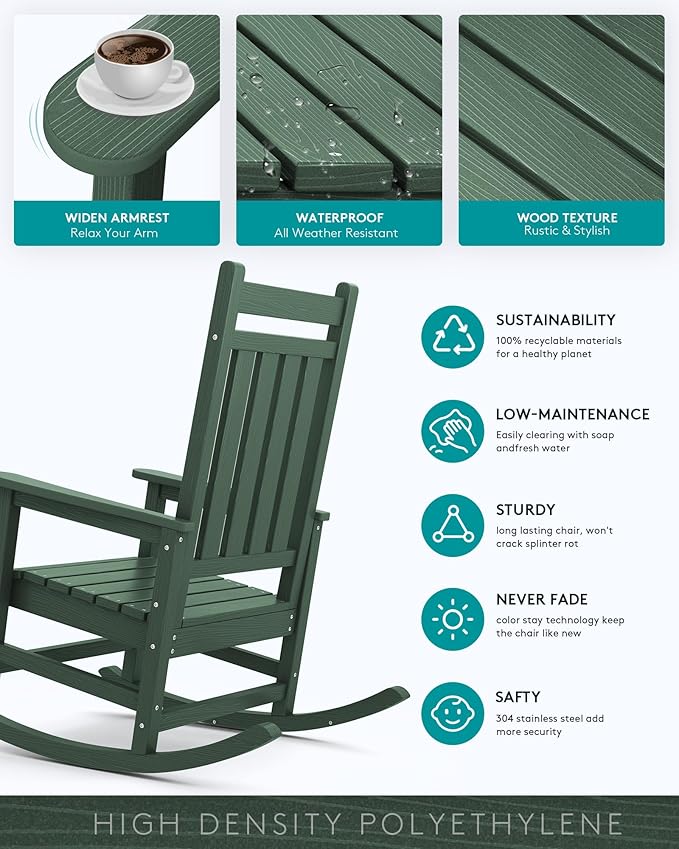 SERWALL Outdoor Rocking Chair Set of 2, HDPE Rocking Chairs for Adult, All Weather Porch Rockers for Lawn Garden, Green-VerdiqueGarden