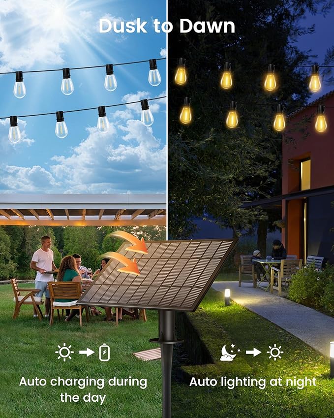 Solar Powered 150FT Outdoor String Lights 35+2 LED Bulbs Waterproof Shatterproof Remote Control Dimmable Extra Long Hanging Lights for Large Yard Deck Market Cafe Event Lighting-VerdiqueGarden