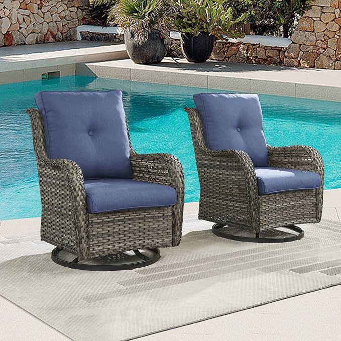 Outdoor Patio Swivel Rocker Chairs - Single Wicker Rattan Patio Swivel Rocking Chair with High Back,Deep Seating and Comfort Cushions for Deck Porch Garden,Mixed Grey/Blue-VerdiqueGarden