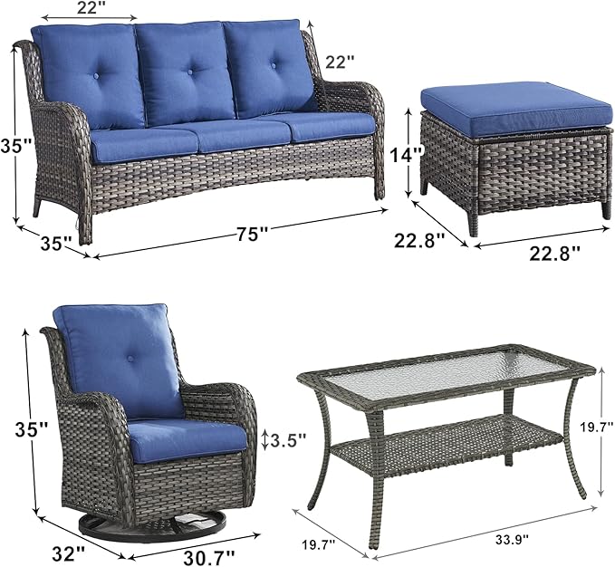 Outdoor Wicker Patio Furniture Set - 6 Piece Rattan Patio Conversation Set with 2 Rocking Swivel Chairs,2 Ottomans,1 Sofa and 1 Coffee Table for Porch Deck Backyard Garden(Mixed Grey/Blue)-VerdiqueGarden