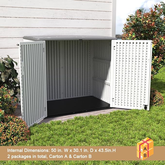 KINYING Horizontal Outdoor Storage Shed,47 Cu.ft Resin Outdoor Storage Cabinet Waterproof for Garden/Patio/Backyards-VerdiqueGarden