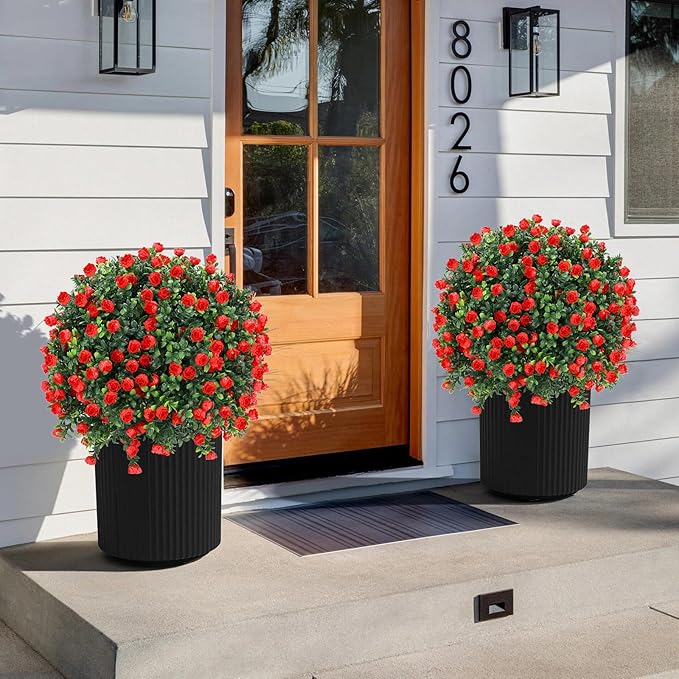 Artificial Red Rose Topiary Ball Tree 25" with Ground Spike, Set of 2 Artificial Boxwood Bushes for Faux Shrubs, Fake Evergreen Faux Plant for Indoor Outdoor Porch Garden -UV Resistant–Fade-Proof-VerdiqueGarden