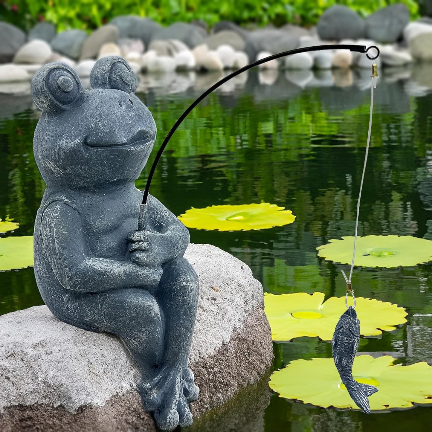 9.5" Fishing Frog Stone Look Sculpture, Whimsical Lawn Yard Art, Funny Garden Pond Fisherman Statue, Resin Animal Decorative Figurine, Ideal for Frog Fishing Lovers-VerdiqueGarden