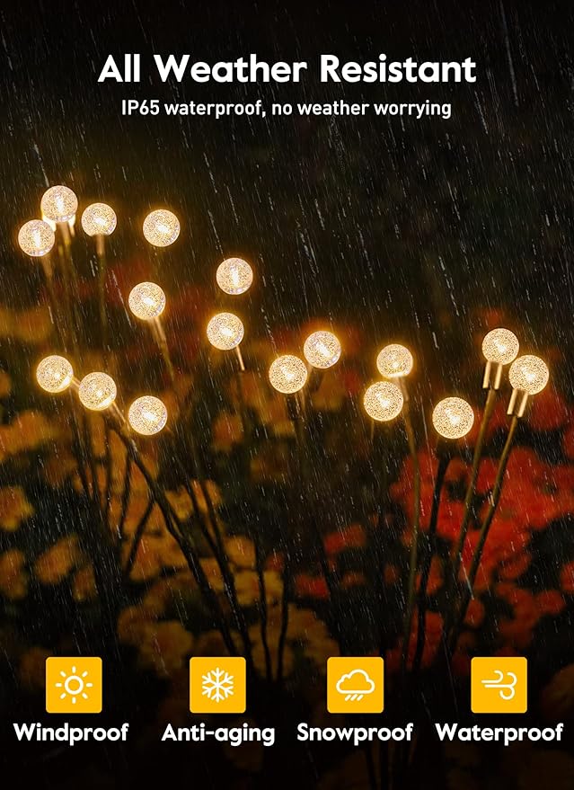 Solar Garden Lights - 4 Pack 12 LED Crystal Solar Firefly Lights with 2 Lighting Mode, Sway by Wind, Waterproof Solar Decorative Lights, Solar Outdoor Lights for Yard Walkway Decoration, Warm White-VerdiqueGarden