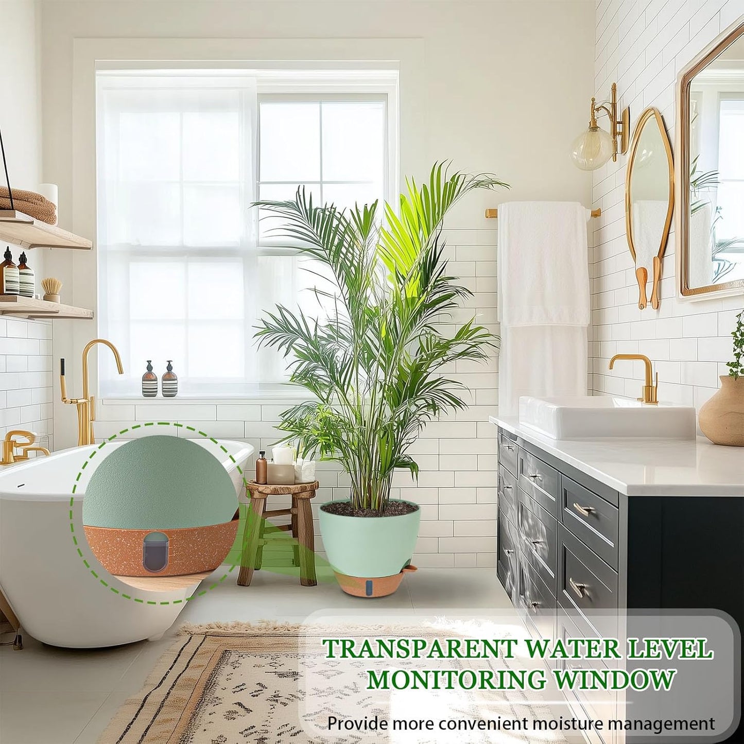 8/10/12 Inch Self Watering Pots for Indoor/Outdoor Plants - Large Plastic Planter with Drainage Holes, Water Level Indicator & Deep Reservoir, Modern Decorative Flower Pots (Green)-VerdiqueGarden