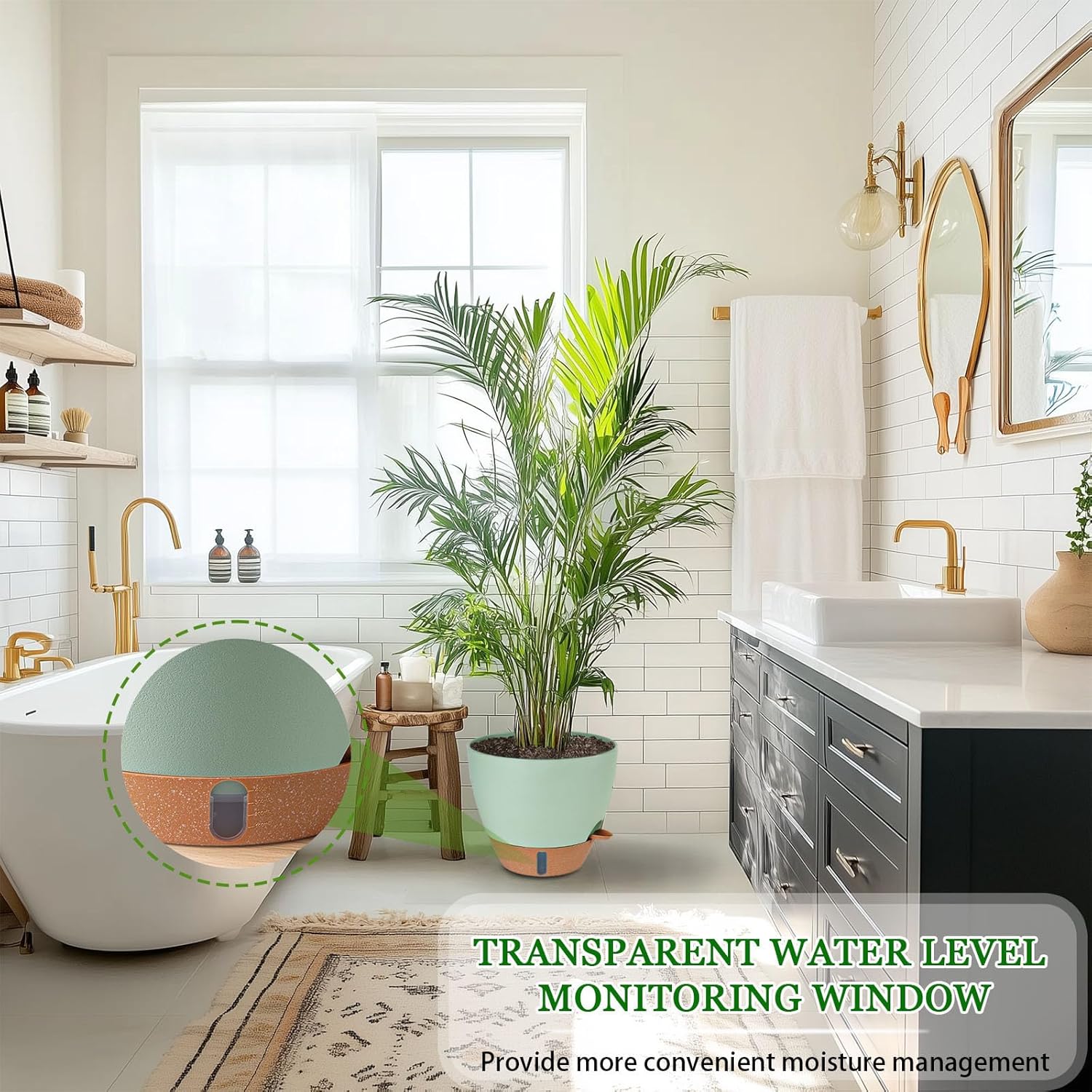 8/10/12 Inch Self Watering Pots for Indoor/Outdoor Plants - Large Plastic Planter with Drainage Holes, Water Level Indicator & Deep Reservoir, Modern Decorative Flower Pots (Green)-VerdiqueGarden