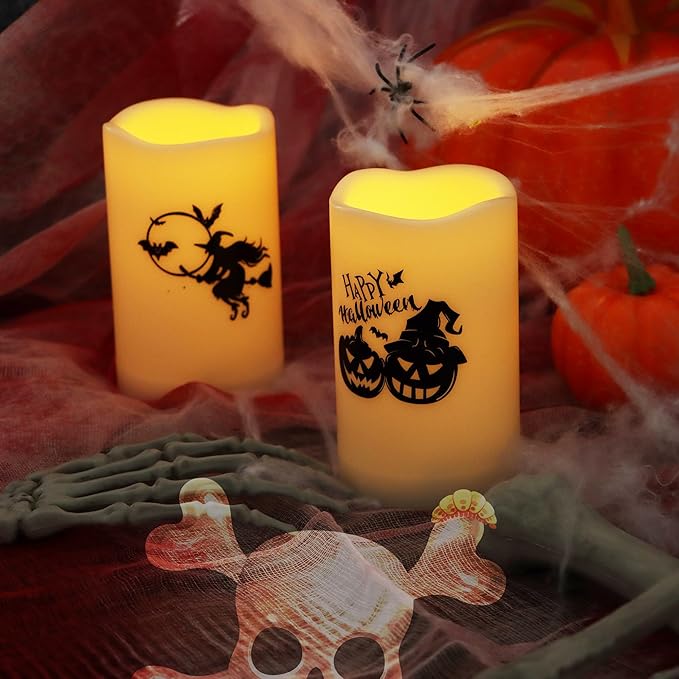 Halloween Outdoor Battery Operated Flameless Pillar Candles with Auto Daily Timer Waterproof Realistic Flickering Electric LED Lights with Pumpkin Witch Decals Halloween Decorations 2 Pack 3X5”-VerdiqueGarden