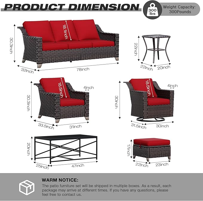 Joyside Wicker Patio Furniture Sets, 6 Pieces Upgraded Large Size Outdoor Furniture with Swivel Rocking Patio Chairs, Outdoor Ottoman, 3-Seat Sofa and Side Table, Thick Cushions, Wide Armrest-VerdiqueGarden