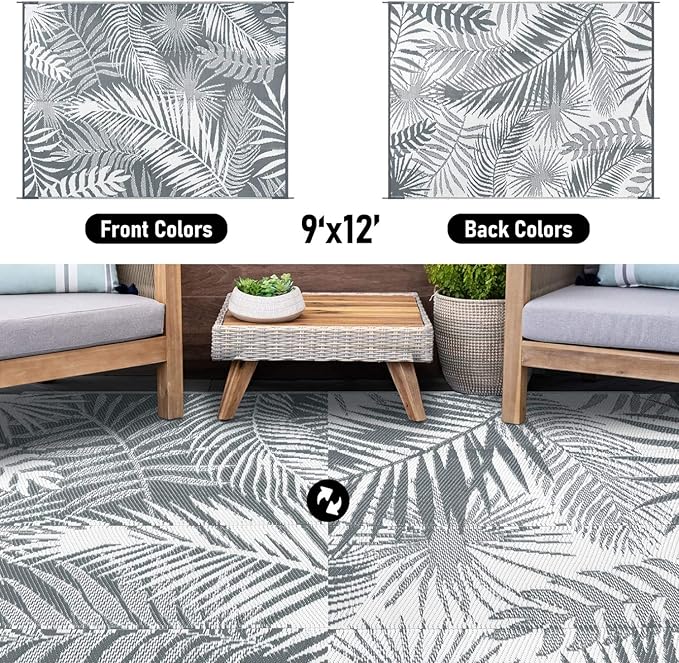 HiiARug Outdoor Reversible Plastic Straw Rug, 9'x12', Cool Gray, Large Patio Mat for RV, Backyard, Deck, Picnic, Beach, Trailer, Camping-VerdiqueGarden