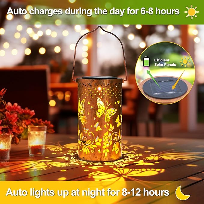 2 Pack Butterfly Solar Lanterns Outdoor Hanging Lantern Lights, Butterfly Hollowed-Out Metal Decor Lantern, Waterproof LED Decorative Garden Light - Delicate Garden Decoration-VerdiqueGarden