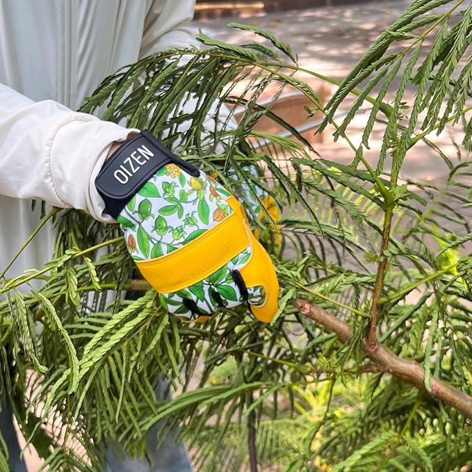 Cowhide Leather Thorn Proof & Puncture Resistant Gardening Gloves for Women, Touchscreen Compatible Working Gloves for Weeding, Digging, Planting, Gardening Gifts for Women (Green bellflowers, Medium)-VerdiqueGarden