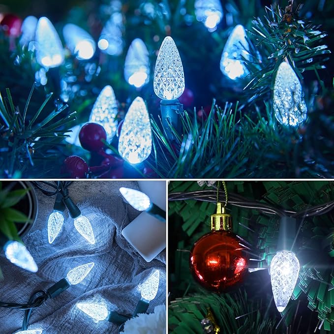 C6 LED Christmas String Lights, 20 ft 60 LED Battery Operated Faceted Strawberry Lights, Waterproof for House Roof Roofline Christmas Tree, White, 2 Pack-VerdiqueGarden
