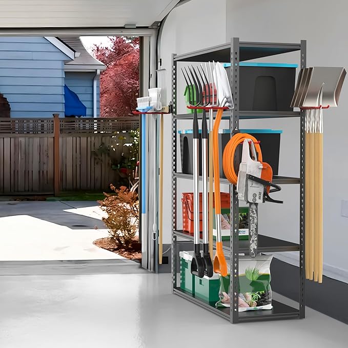 TORACK Garden Tool Organizer Wall Mount, Garage Folding Chair Storage Rack, Tools Rack for Shovels, Rakes, Broom, Ladders, Hooks for Keyhole Style Shelving Unit-VerdiqueGarden