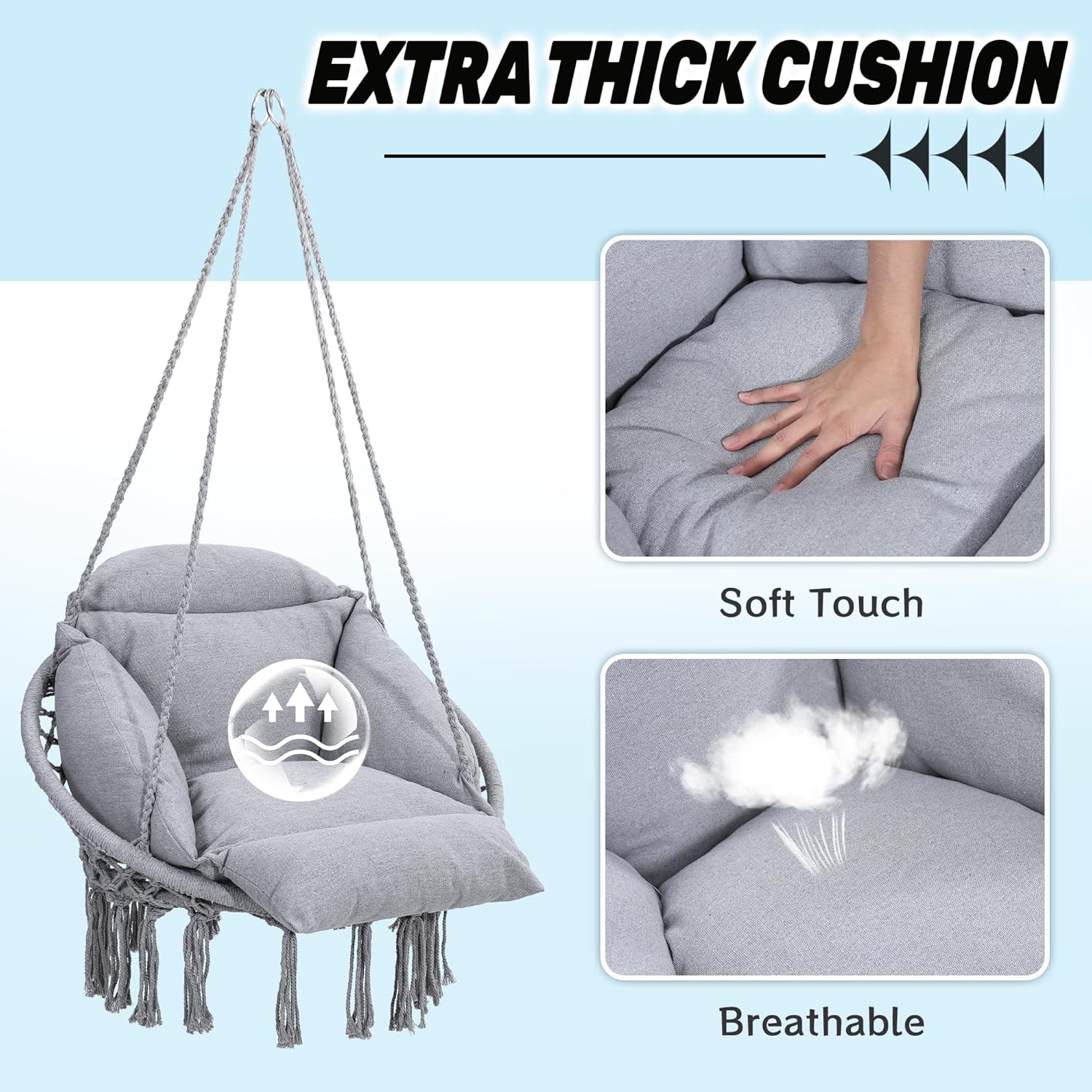 Macrame Hammock Hanging Swinging Chair with Oversized Cushion, Perfect for Bedroom, Porch, Kids, Adults, Balcony, Grey-VerdiqueGarden