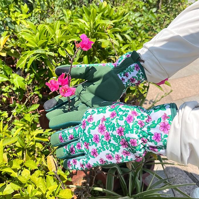 Gardening Gloves for Women, Garden Gloves with Touch Screen, Thorn Proof Puncture Resistant Working Gloves, Gardening Gifts for Women (Green with purple flowers, Medium)-VerdiqueGarden