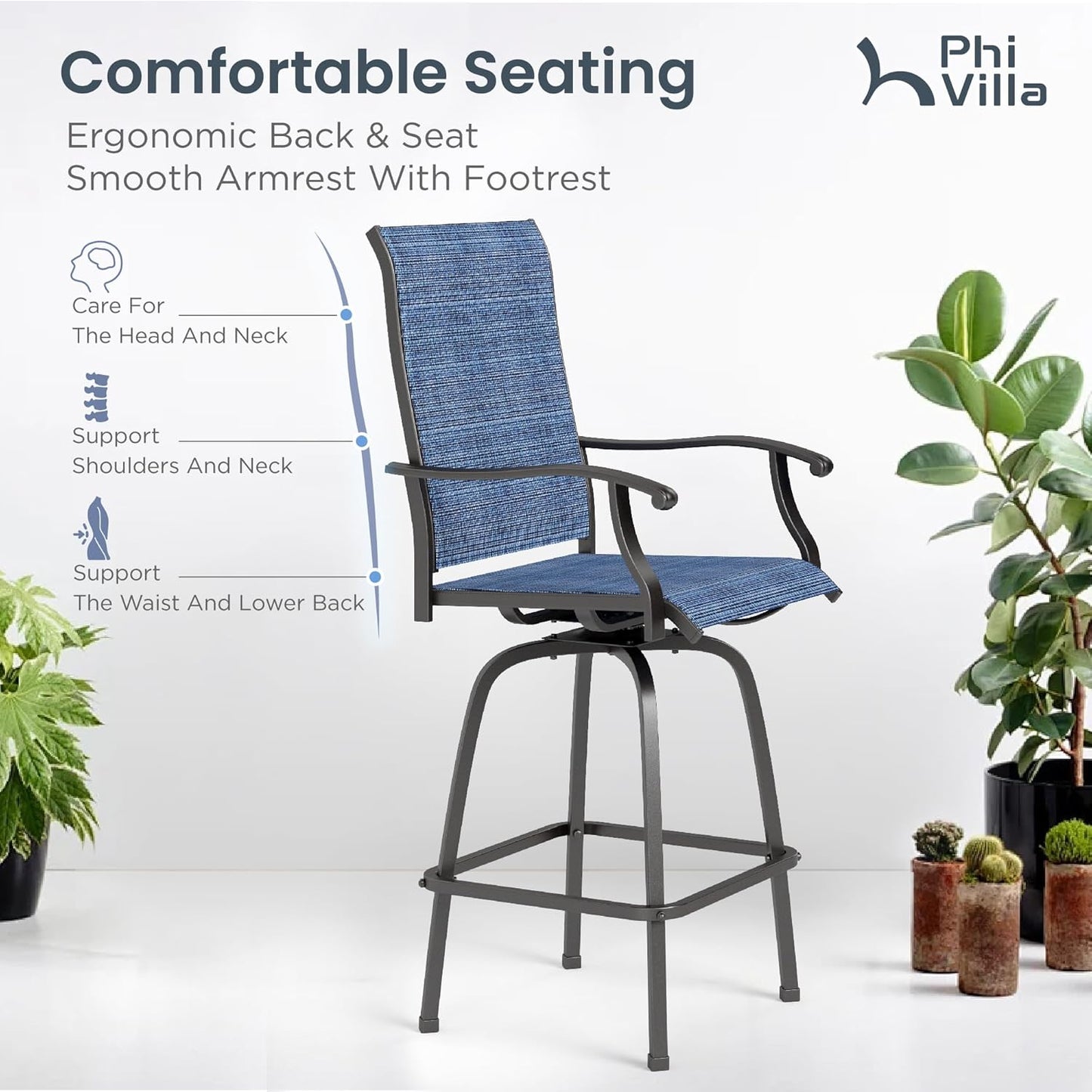 PHI VILLA Outdoor Swivel Bar Stools Set of 2, 30" Bar Height Tall Patio Chairs with All Weather Textilene Fabric, High Top Bar Chairs for Balcony, Porch and Deck, Blue-VerdiqueGarden