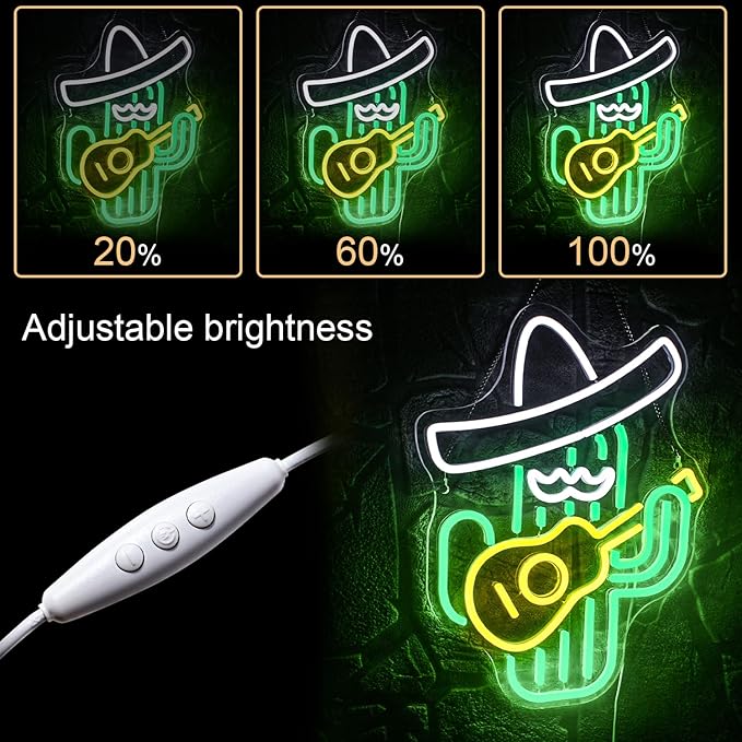 WLHOPE Cactus Neon Sign Cowboy Hat Neon Signs Green Led Neon Signs for Wall Decor, Guitar Cactus Neon Led Signs USB Anime Neon Light for Bedroom Game Room Kids Room Home Bar Party Shop Gift-VerdiqueGarden