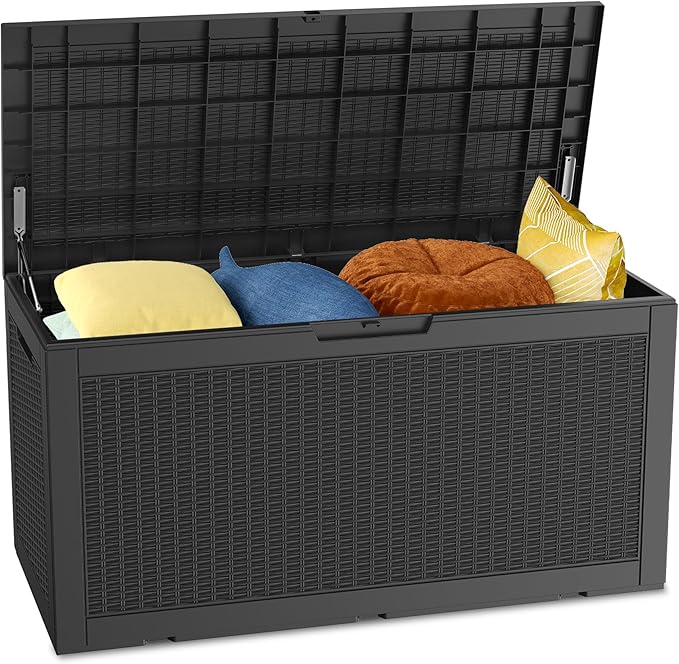 100 Gallon Outdoor Storage Box Waterproof Lockable Resin Deck Box Large, Patio Storage Bin for Pool Accessories Cushion Furniture, Garden Tools, UV-Resistant Outside Delivery Black-VerdiqueGarden