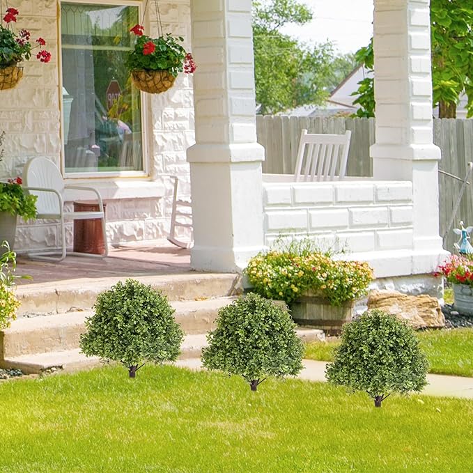 27" Tall Artificial Boxwood Ball Topiary Trees Set of 2, UV Resistant Large Faux Plants Outdoor, 2ft Fake Bushes and Shrubs Look Real with Ground Spike for Front Porch Outside Planter Backyard Decor-VerdiqueGarden