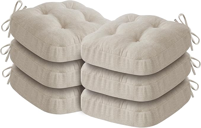 Chair Cushions, Foam Dining Chair Cushions, Tufted Indoor Chair Pads, Set of 6, Beige, 16.5” x 16.5” x 3.5”-VerdiqueGarden