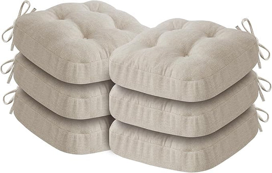 Chair Cushions, Foam Dining Chair Cushions, Tufted Indoor Chair Pads, Set of 6, Beige, 16.5” x 16.5” x 3.5”-VerdiqueGarden