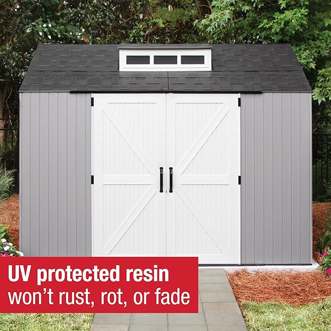 Rubbermaid Extra Large Resin Outdoor Storage Shed With Floor (7 x 10 Ft.), Weather Resistant, Brown, Organization for Home/Lawn Mower/Backyard Equipment/Bike Storage/Pool Supplies-VerdiqueGarden