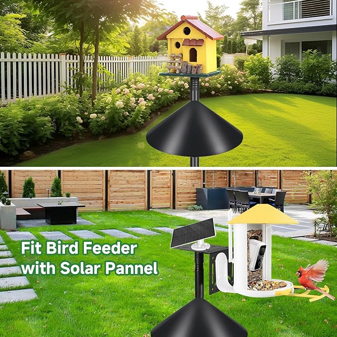 Smart Bird Feeder Pole Stand 79In,Adjustable Height Metal Bird House Pole for Outdoor Garden with Multiple Mounting Options (Black, Round Squirrel Baffle - High 79in)-VerdiqueGarden